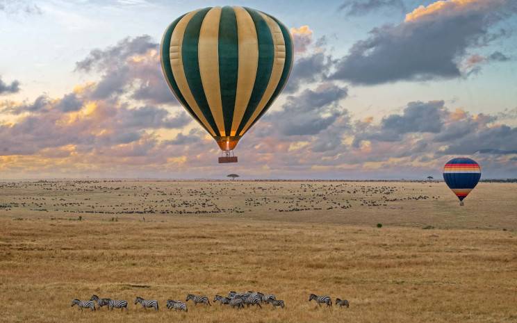 Hot-air balloons rising over the Maasai Mara at sunrise