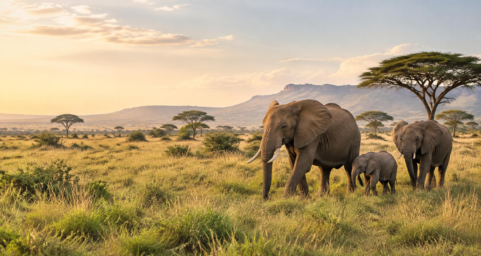 Elephants crossing the East African savannah